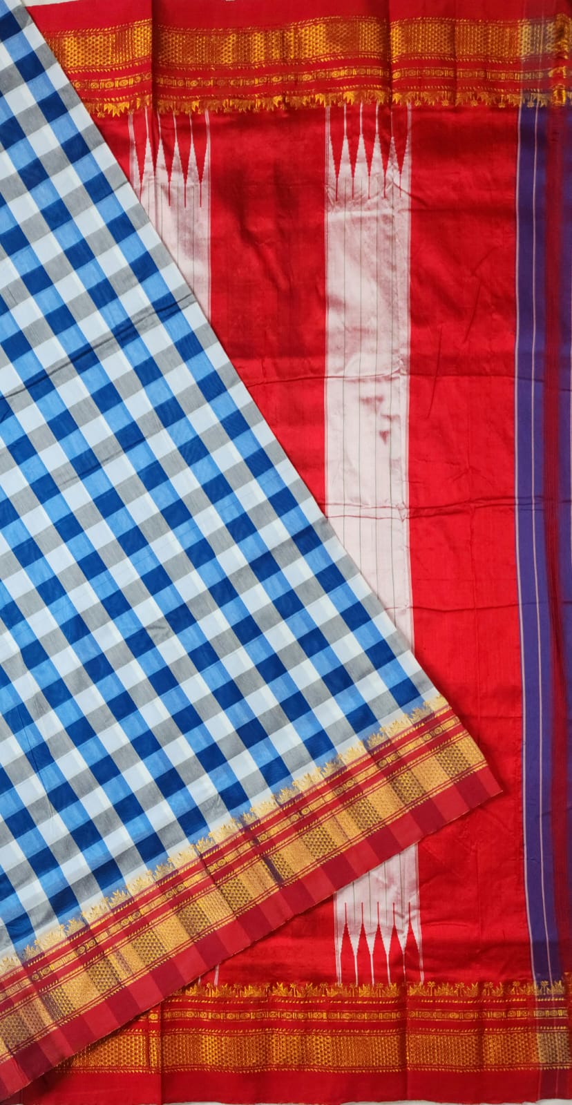 Sky blue, Navy blue, and Soft Grey Ilkal Big Checks Saree with Rich Pallu