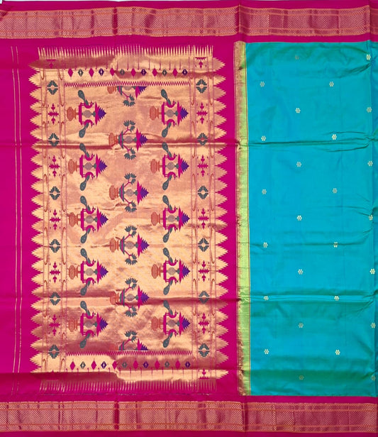 Turquoise Blue Paithani Silk with Flower Motifs
