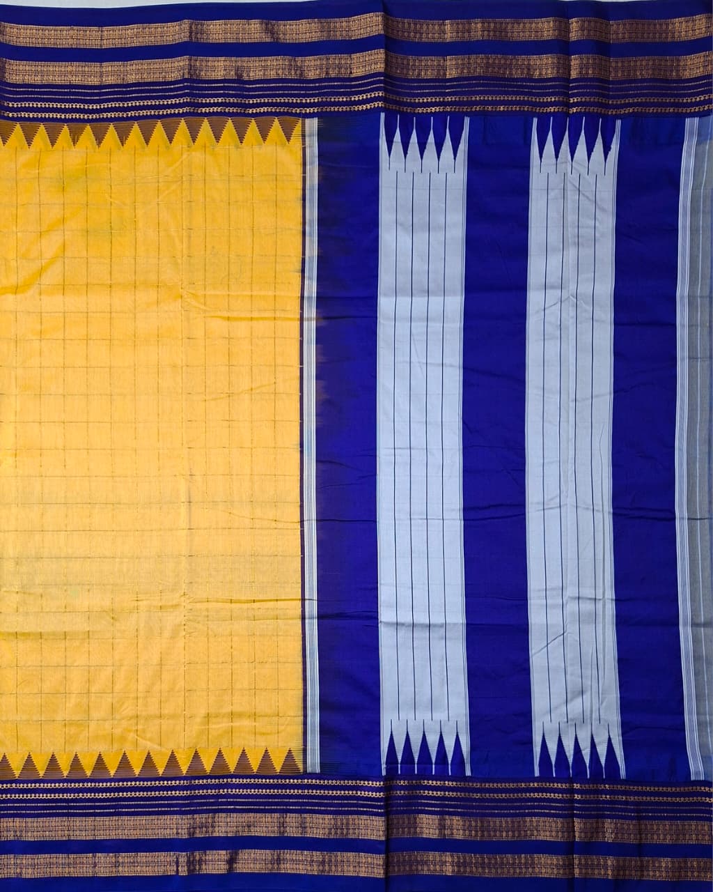 Mustard Yellow Big Checks Ilkal Saree with Royal Blue Big Border