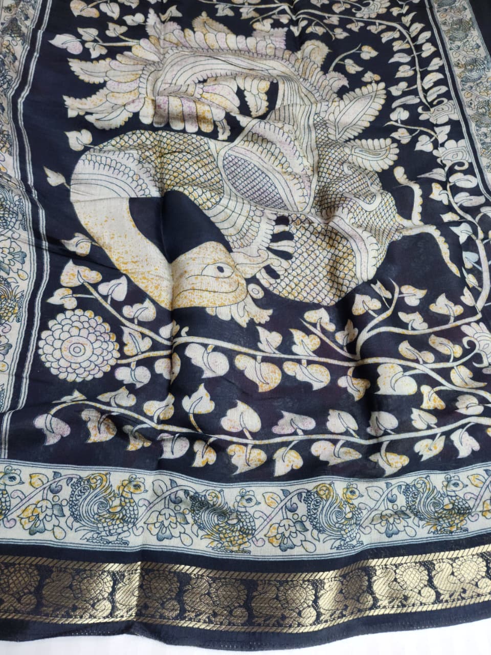 Vibrant Red & Ivory Kalamkari Cotton Saree with Black Zari Border