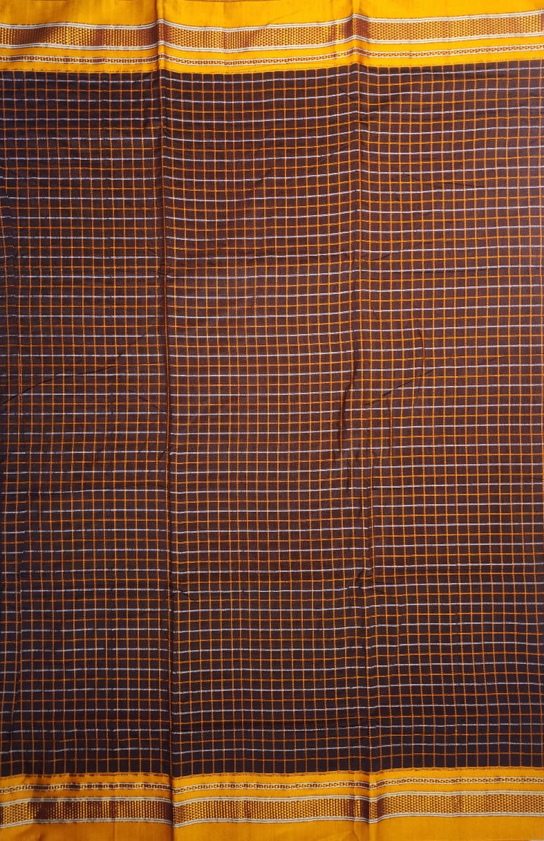 Deep Chocolate Brown Double Checks Ilkal Cotton Saree with Mustard Zari Border
