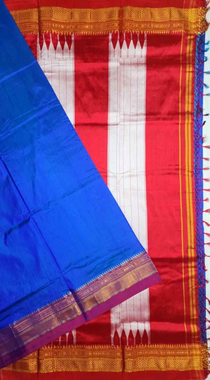 Blue Plain Ilkal silk with Paras Border