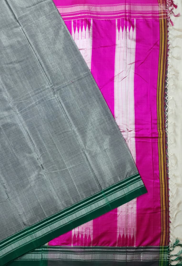 Grey Ilkal Viscose Handloom Saree with Silk Pallu & chikki Paras Border
