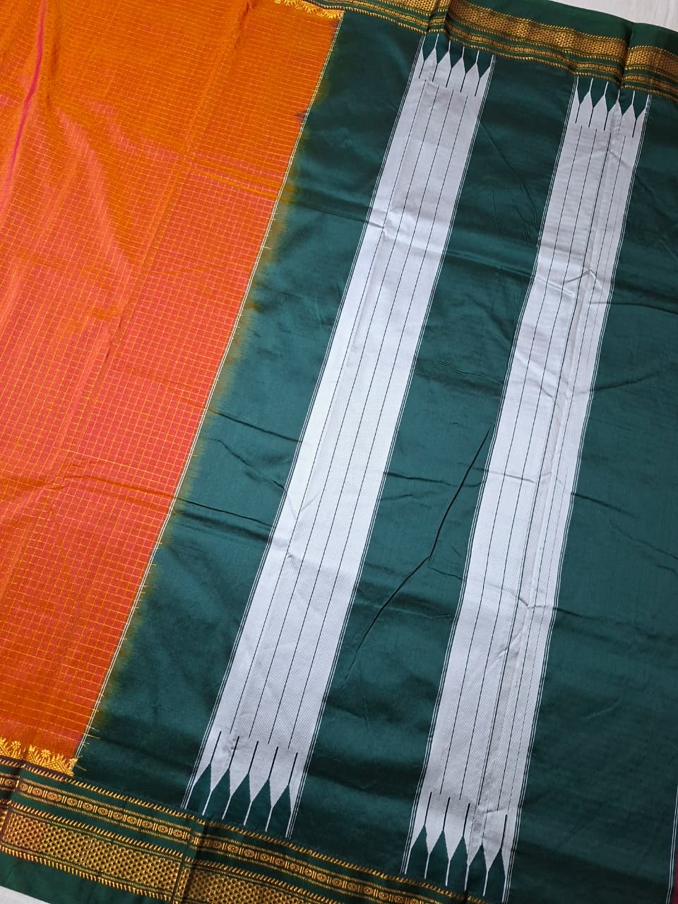 Sunset Orange Mini Checks Ilkal Meera Saree with Deep Bottle Green Border