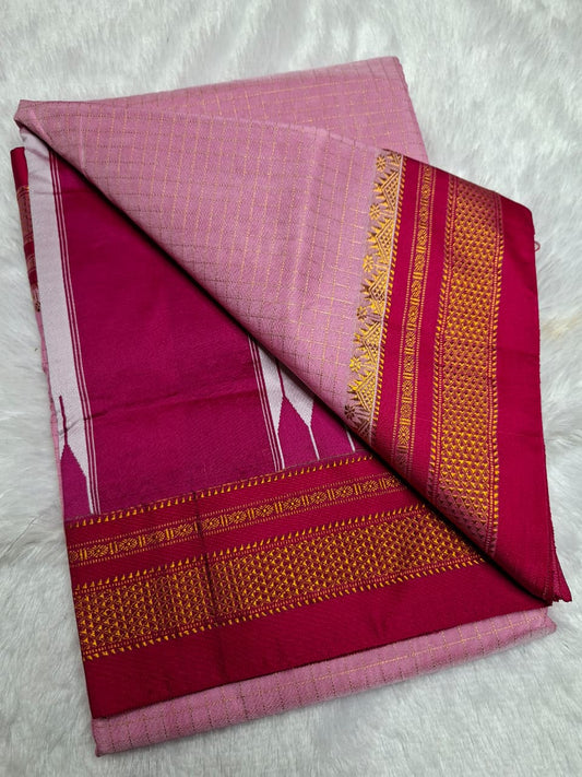 Blush Pink Mini Checks Ilkal Meera Saree with Rani Pink Zari Border