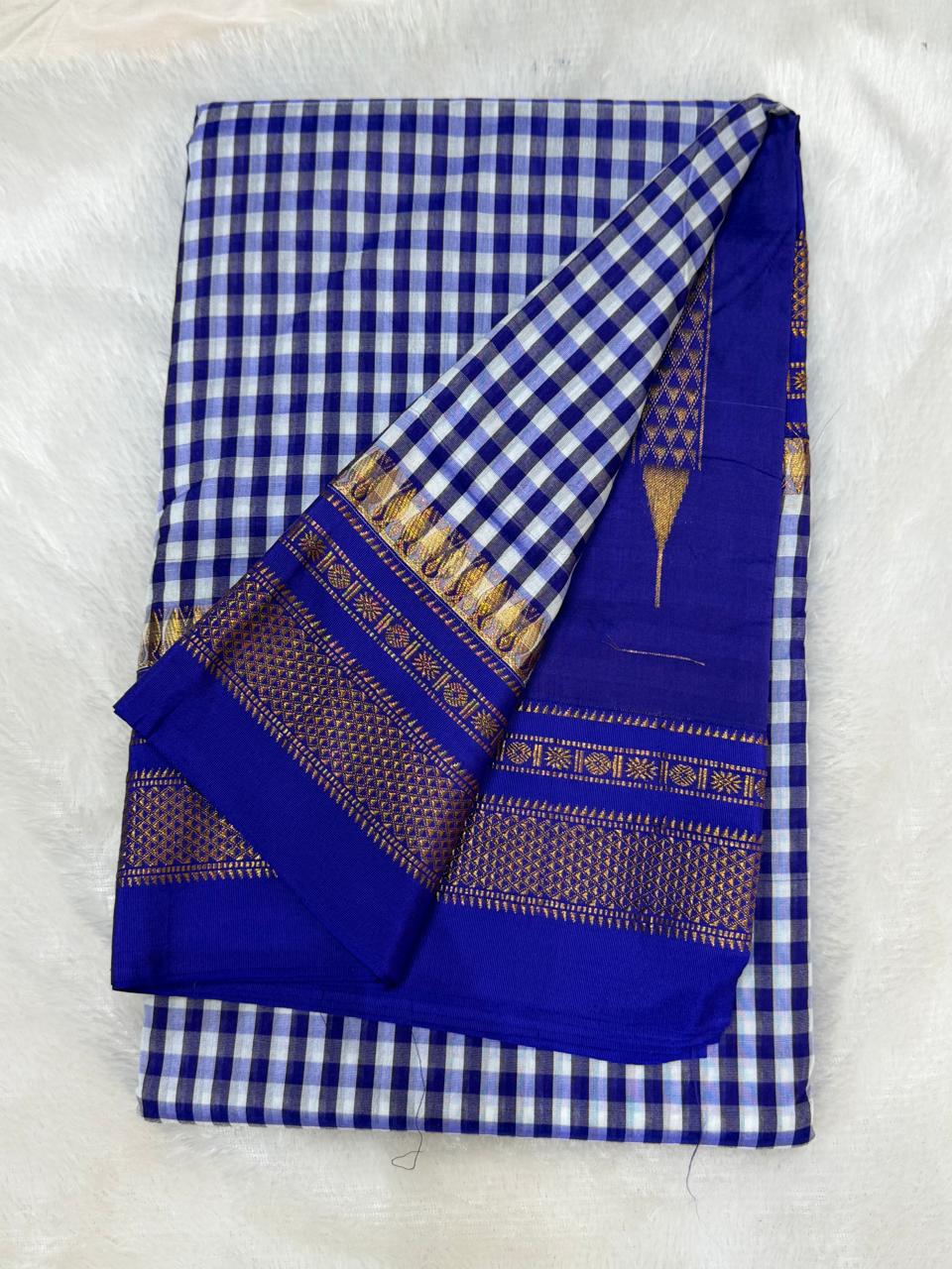 Premium Navy Blue & White Ilkal Mini Checks Saree with Gadwal border