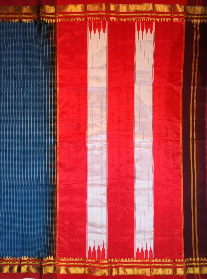 Blue Ilkal Checks Cotton Saree with Thode Paras Border & Silk Pallu