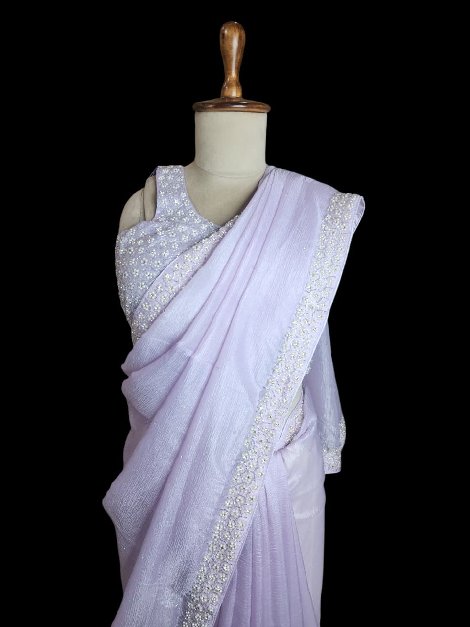 Lavender Saree with Pearl-Embroidered Designer Blouse