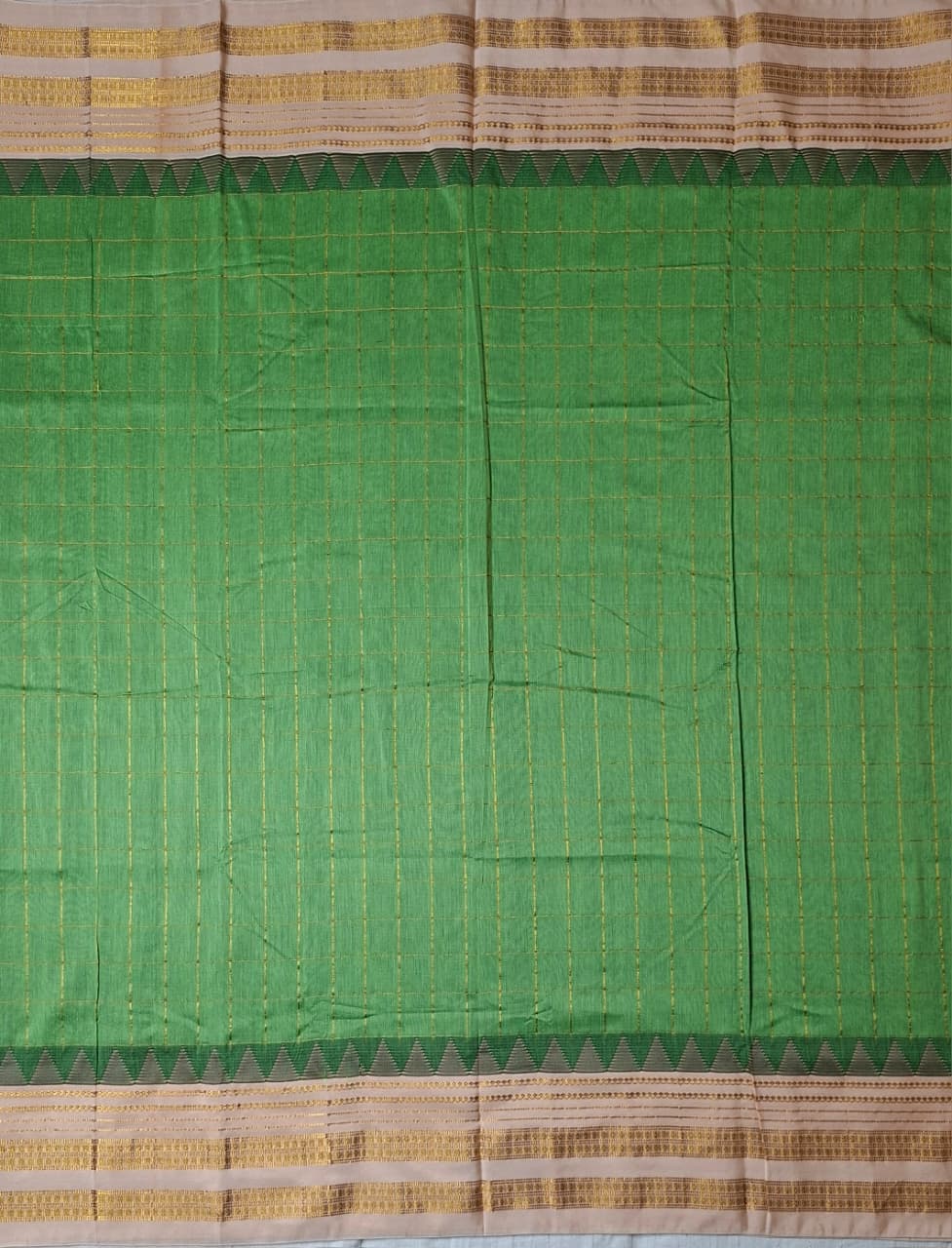 Leaf Green Big Checks Ilkal Saree with Beige Big Border