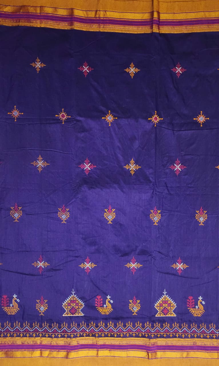 Royal Blue Mustard  Ilkal Kasuti Cotton Saree