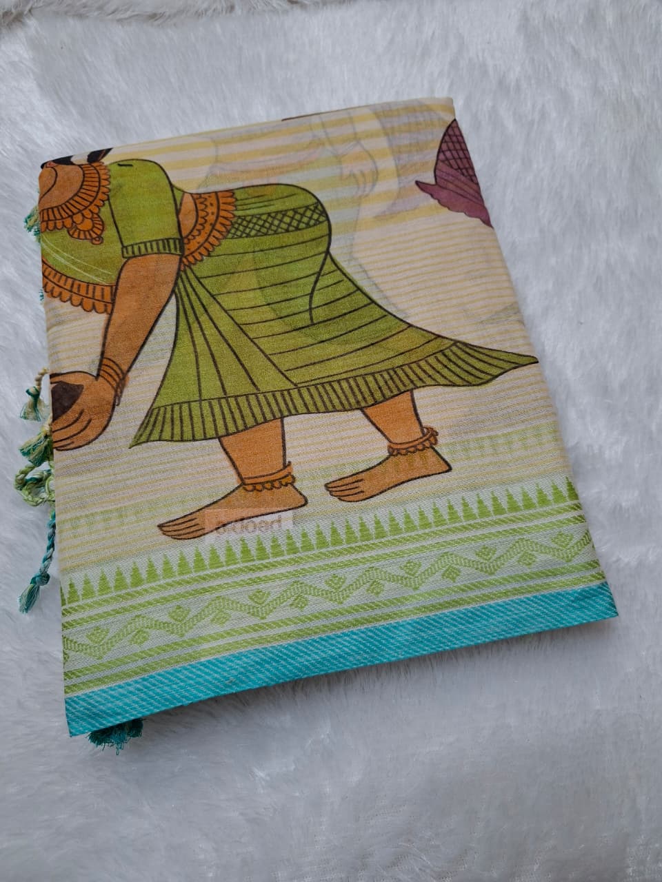 Kalamkari Beige Base-green border Khadi Cotton with Digital Print