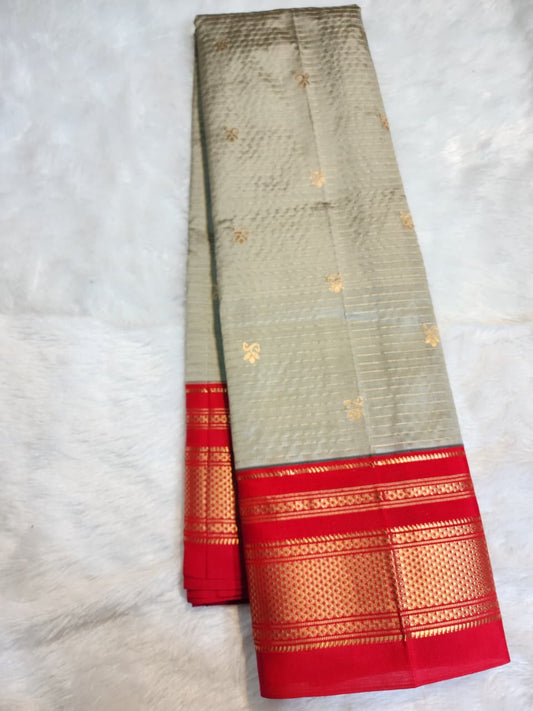Sage–Beige Gadwal Pure Ilkal Silk Saree - Small Necklace Butta