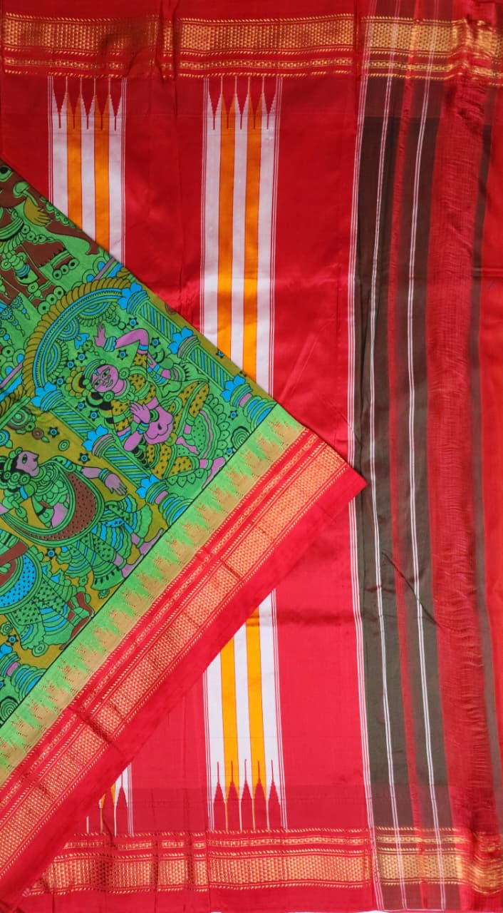 green Kalamkari Fusion Saree – Vishnu Artwork Edition