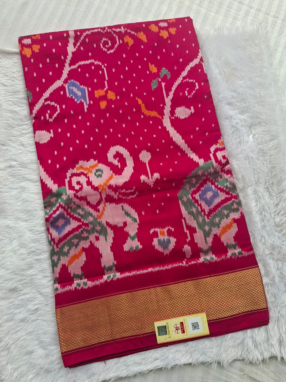 Pink Handloom Pochampally pure silk -Elephant design