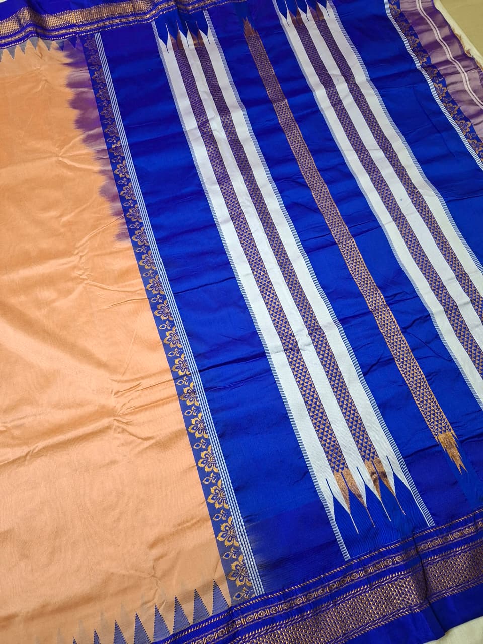 Rose Gold Ilkal Viscose Silk Saree with Royal Blue Chikki Paras Border