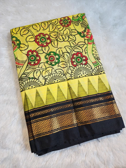 Vibrant Yellow Ilkal–Kalamkari Floral print Fusion Saree