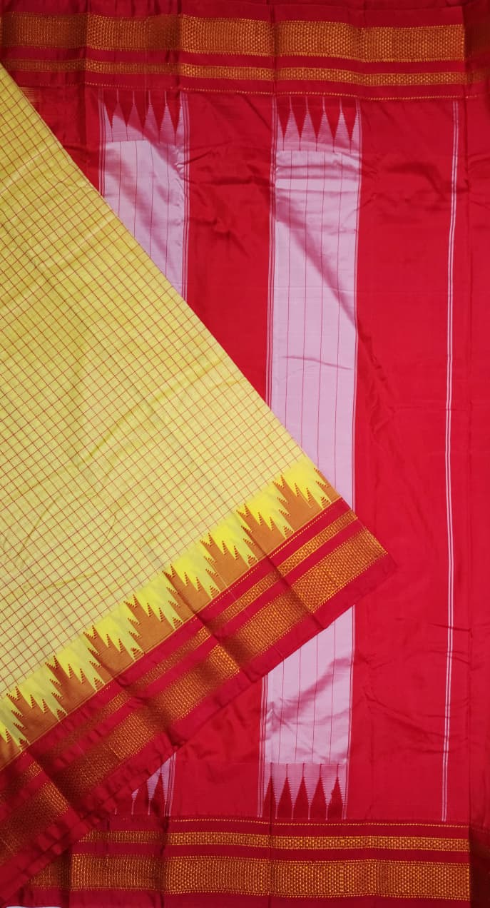 Yellow Thana Gadwal Chadurang Checks Ilkal Saree