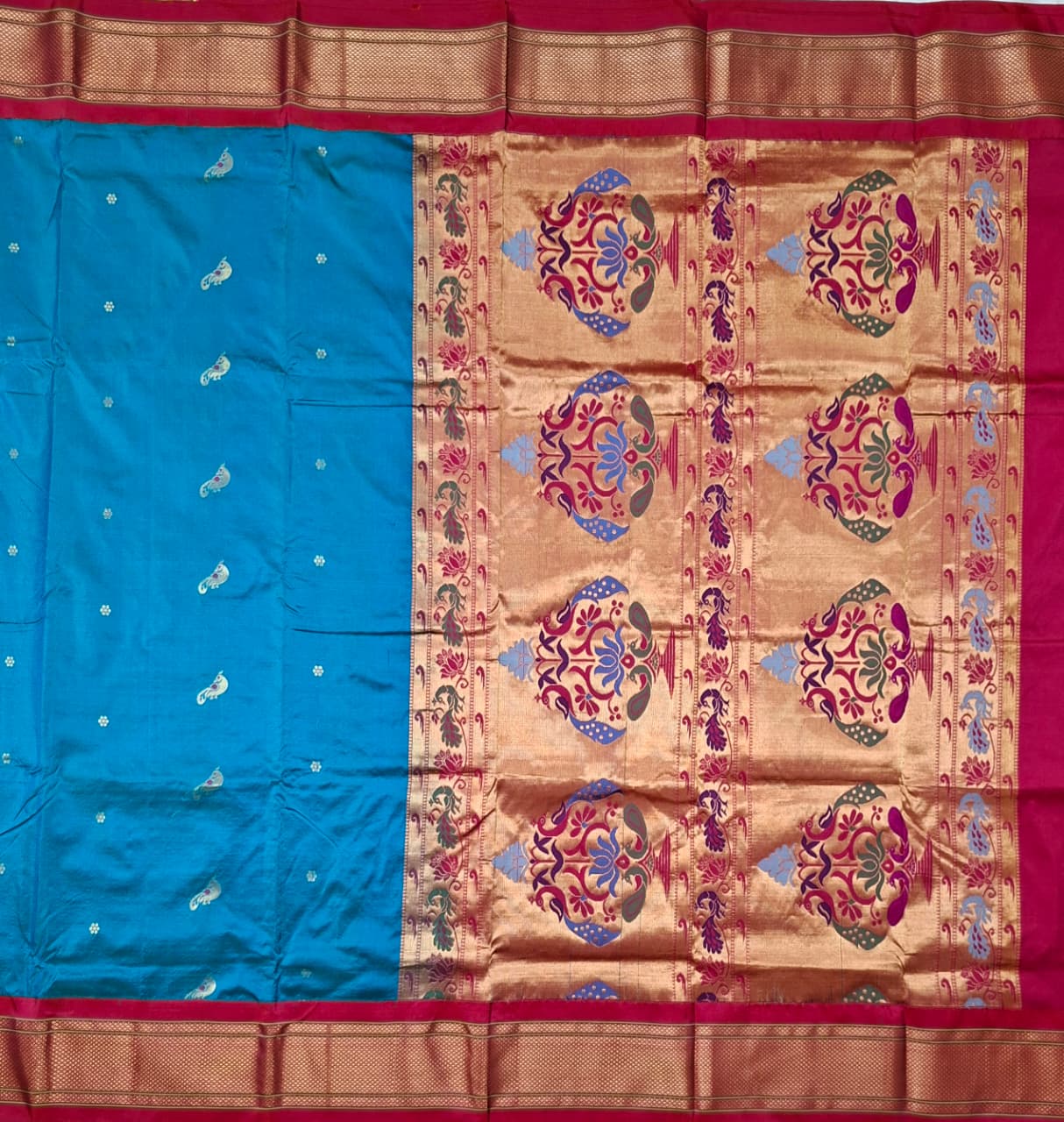 Teal Blue Paithani Silk with Peacock Motifs