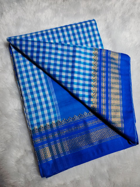 Blue & White Ilkal mini Checks Saree with Zari Border