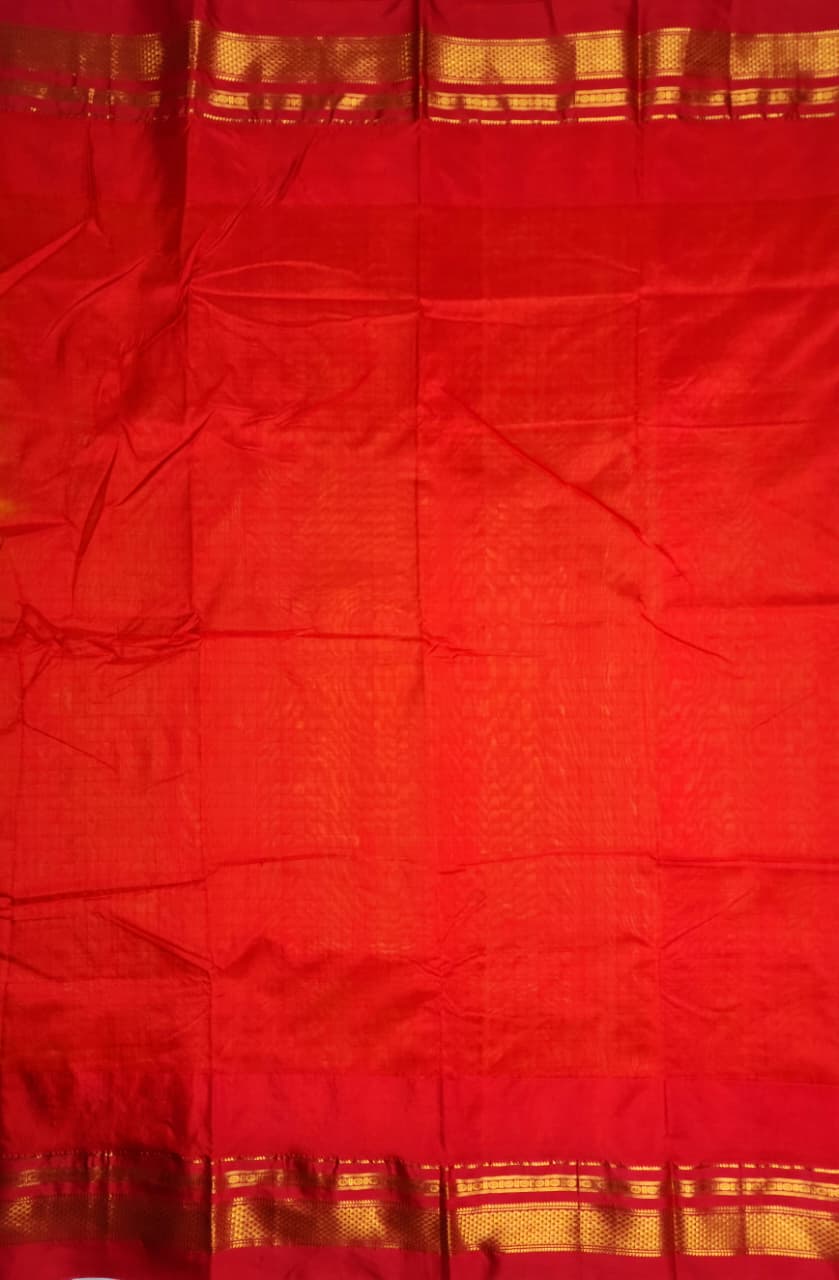 Chaduranga Yellow–Red Ilkal Semi-Silk Saree with Temple Border