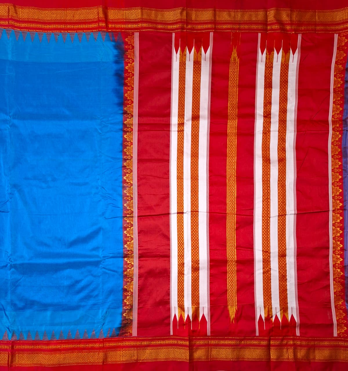 Turquoise Blue Ilkal Viscose Silk Saree with Vermilion Red Chikki Paras Border