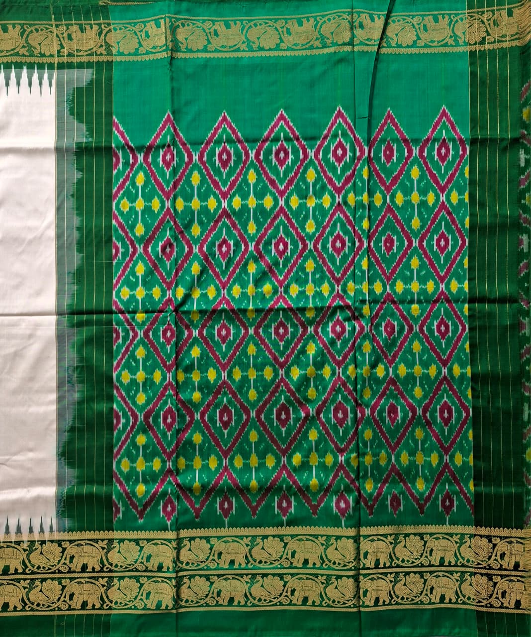 White-Green Plain Handloom Pochampally pure silk with Ikkat design blouse
