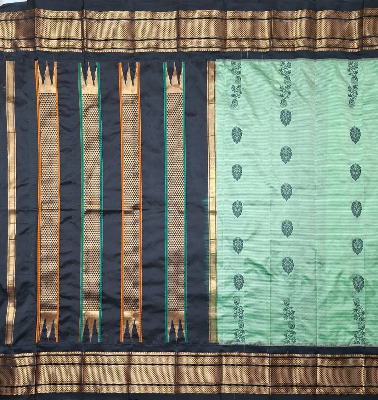Sage/MInt green & black Ilkal saree with floral weavings