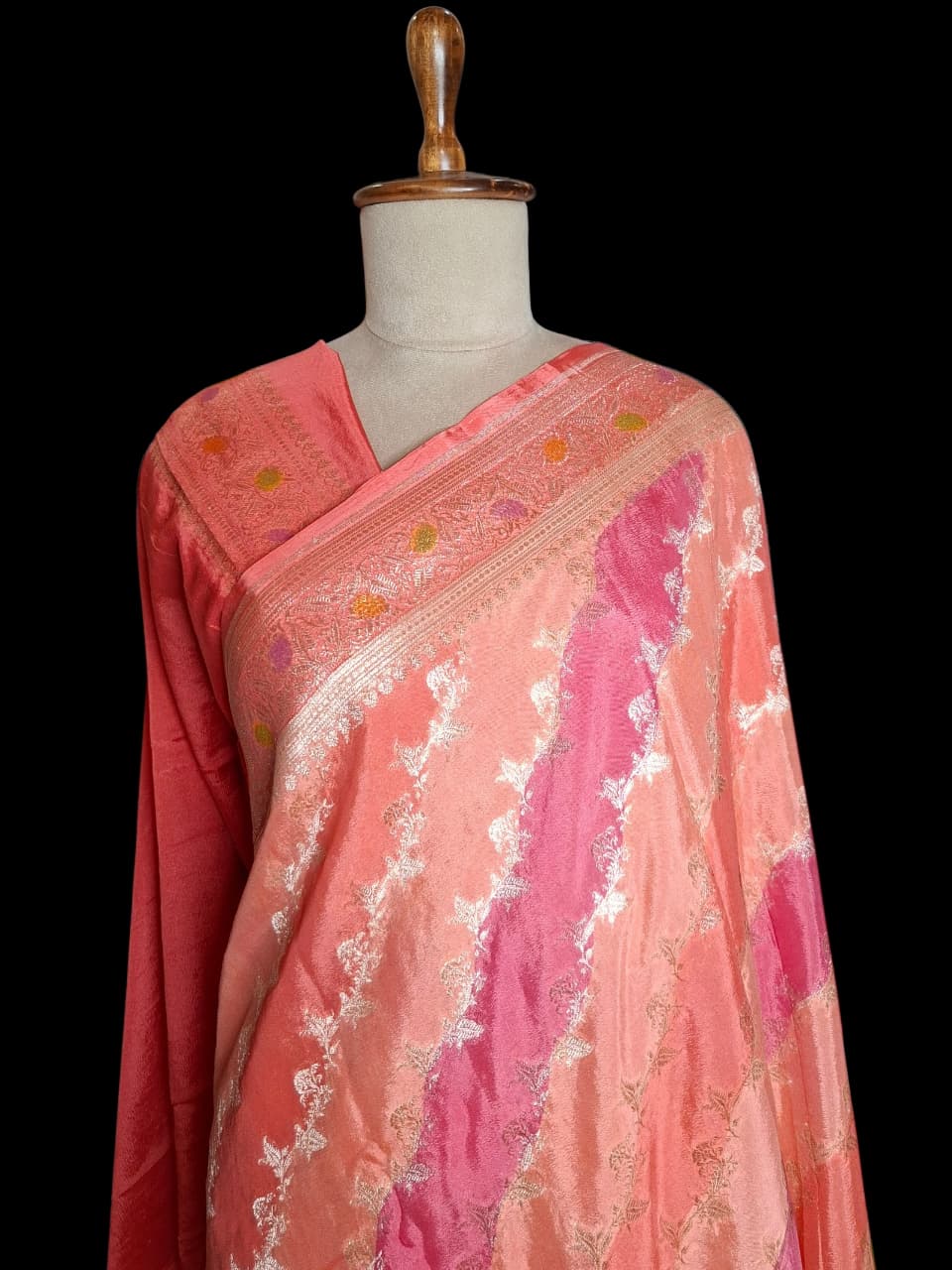 Peach Coral Banarasi Silk Saree with Silver Floral Vine Zari Weaves