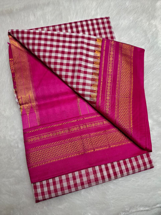 Pink & White Ilkal Mercerized Cotton Saree with Gadwal-Style Border