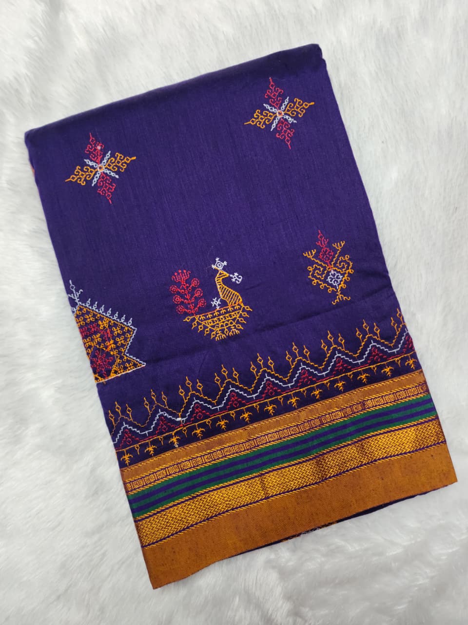 Indigo Blue Mustard  Ilkal Kasuti Cotton Saree