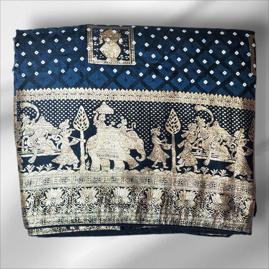Midnight Blue Bandhani Print Saree with Royal Baraat Motif