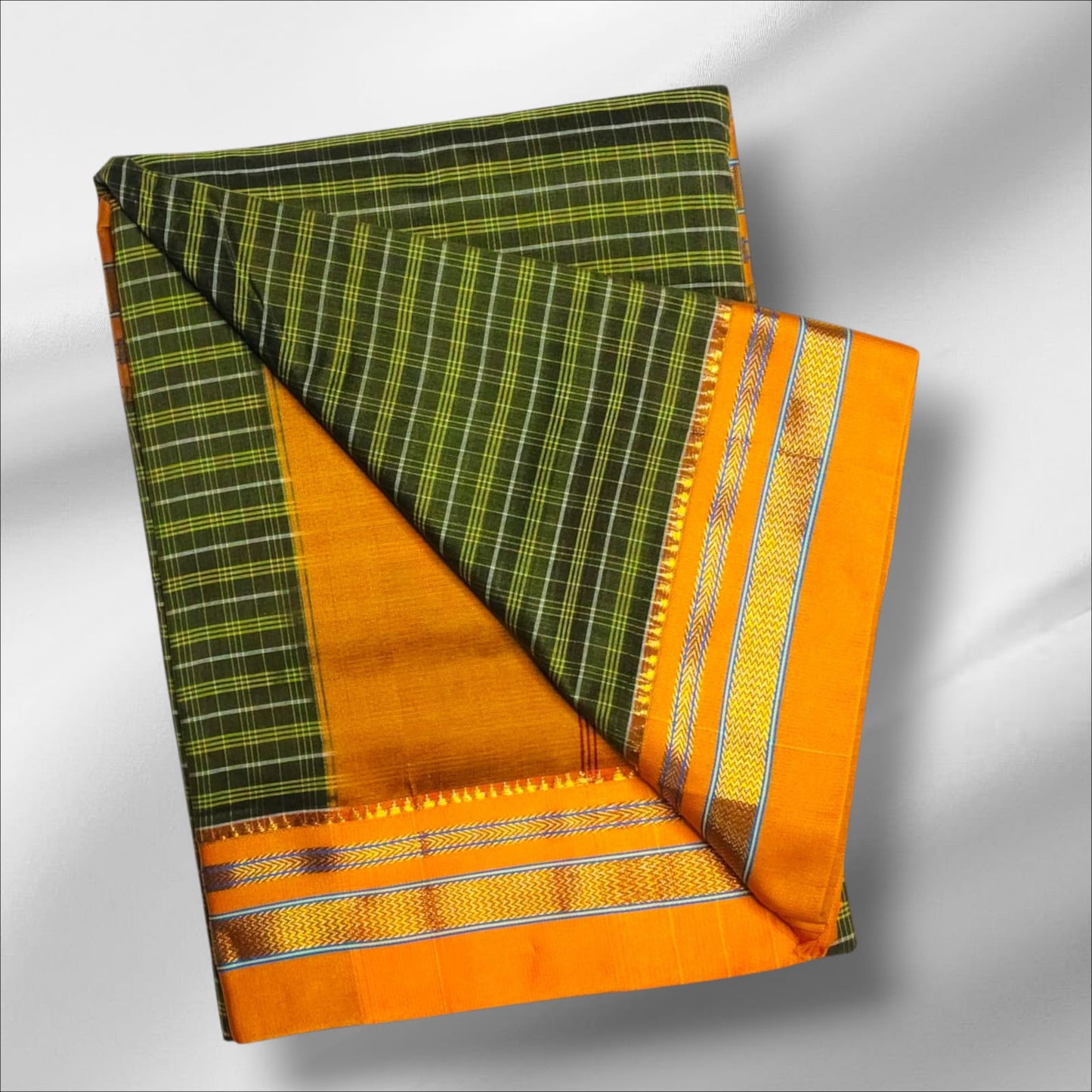 Green yellow Ilkal Cotton Checks Saree