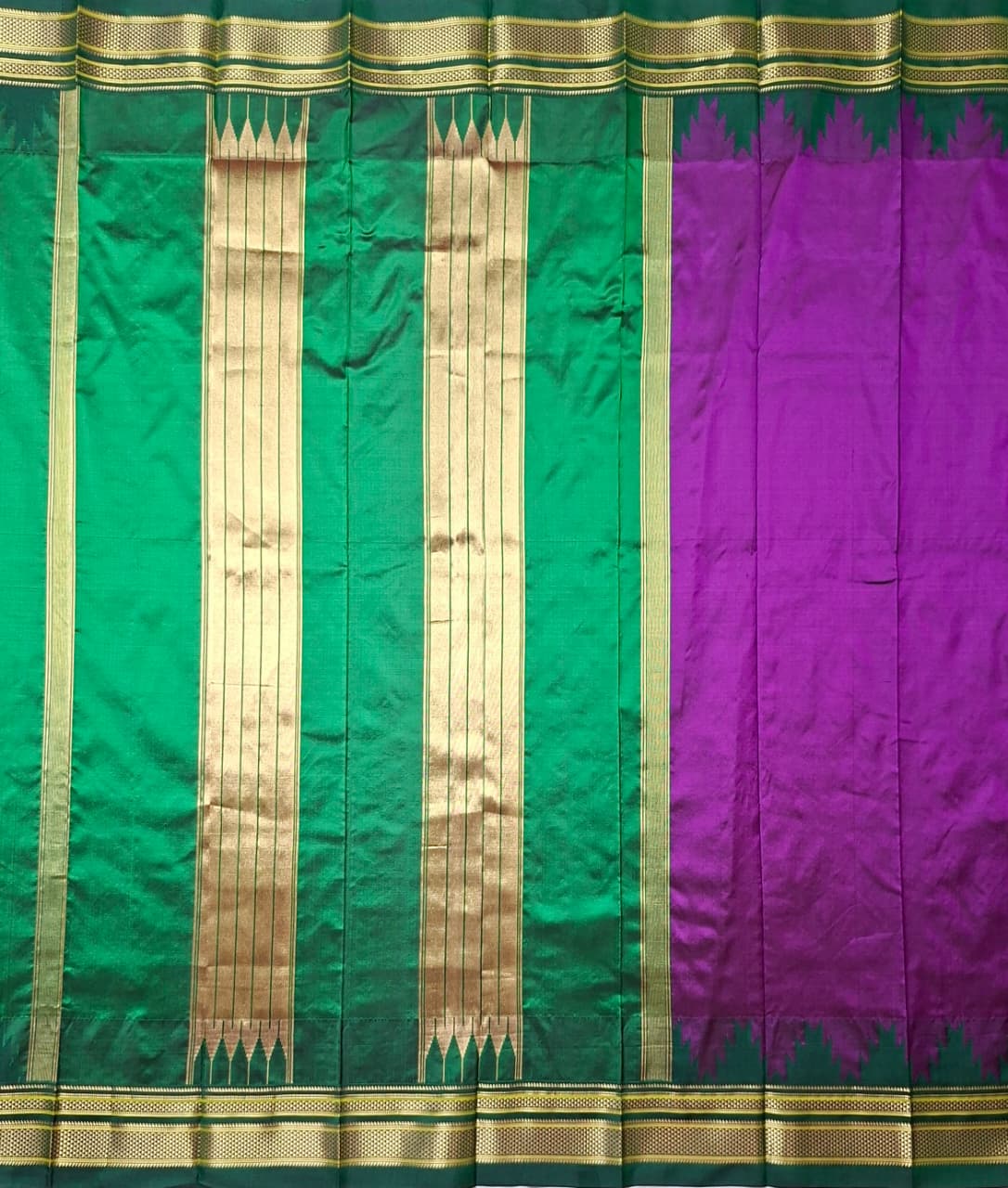 Pink Green plain with temple border ilkal silk