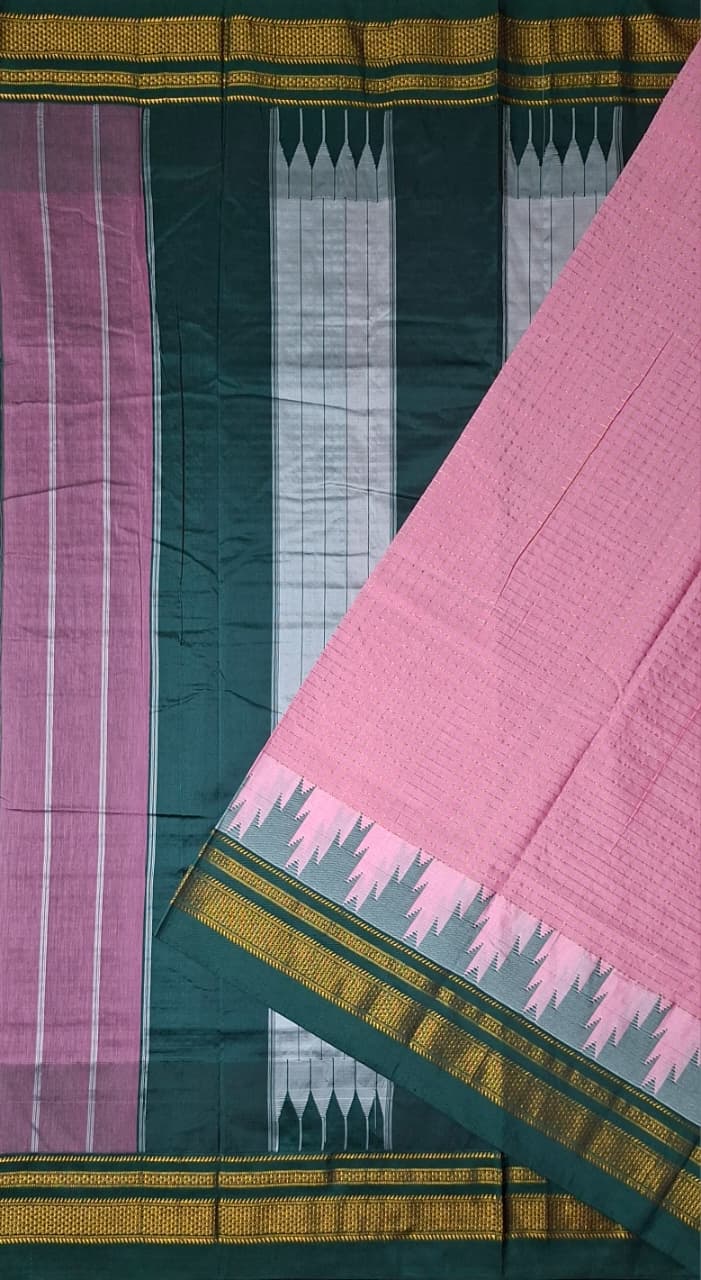 Blush Pink & Bottle Green Gadwal Chaduranga Ilkal Cotton Saree with Contrast Zari Border & Pallu