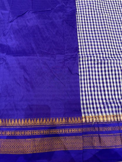 Premium Navy Blue & White Ilkal Mini Checks Saree with Gadwal border