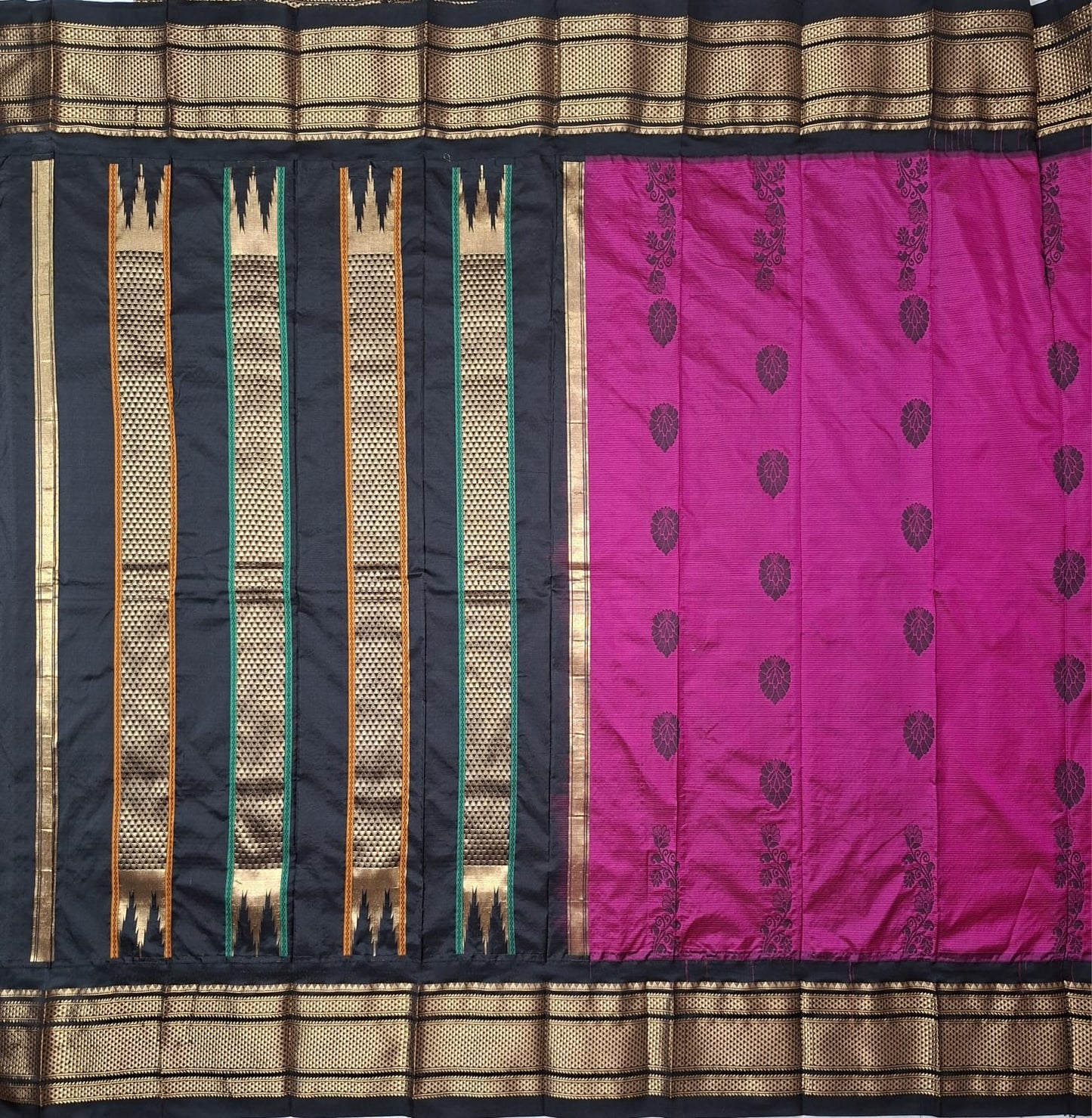 Rani pink & black Ilkal saree with with floral weavings
