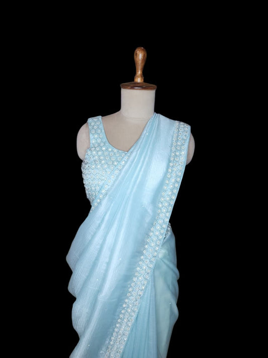 Sky Blue  Saree with Pearl Embroidered Blouse