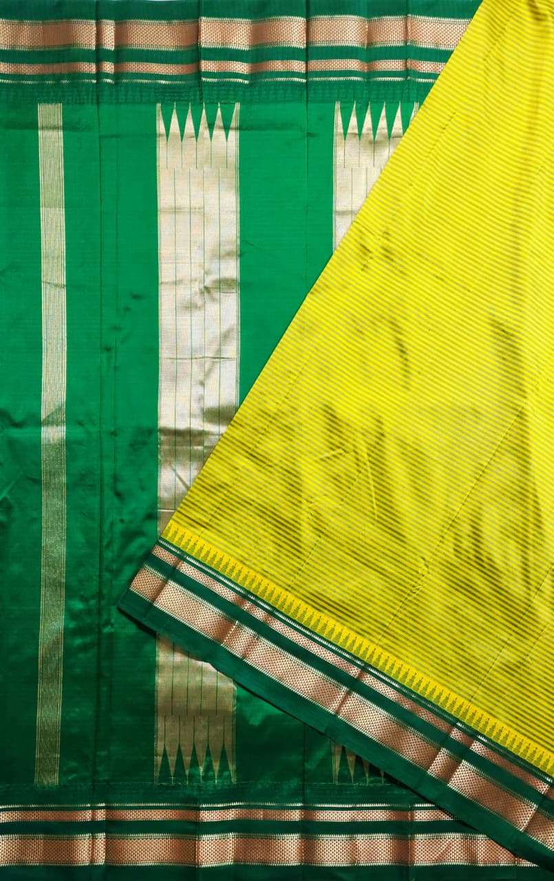 Lime Yellow Gadwal Pure Ilkal Silk Saree with Rapid Stripes