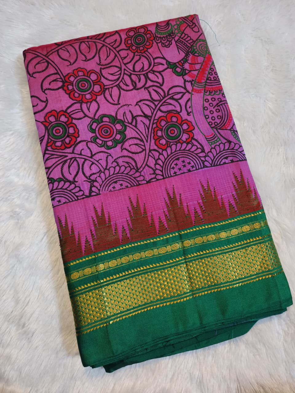 Rich Pink Ilkal–Kalamkari Floral print Fusion Saree