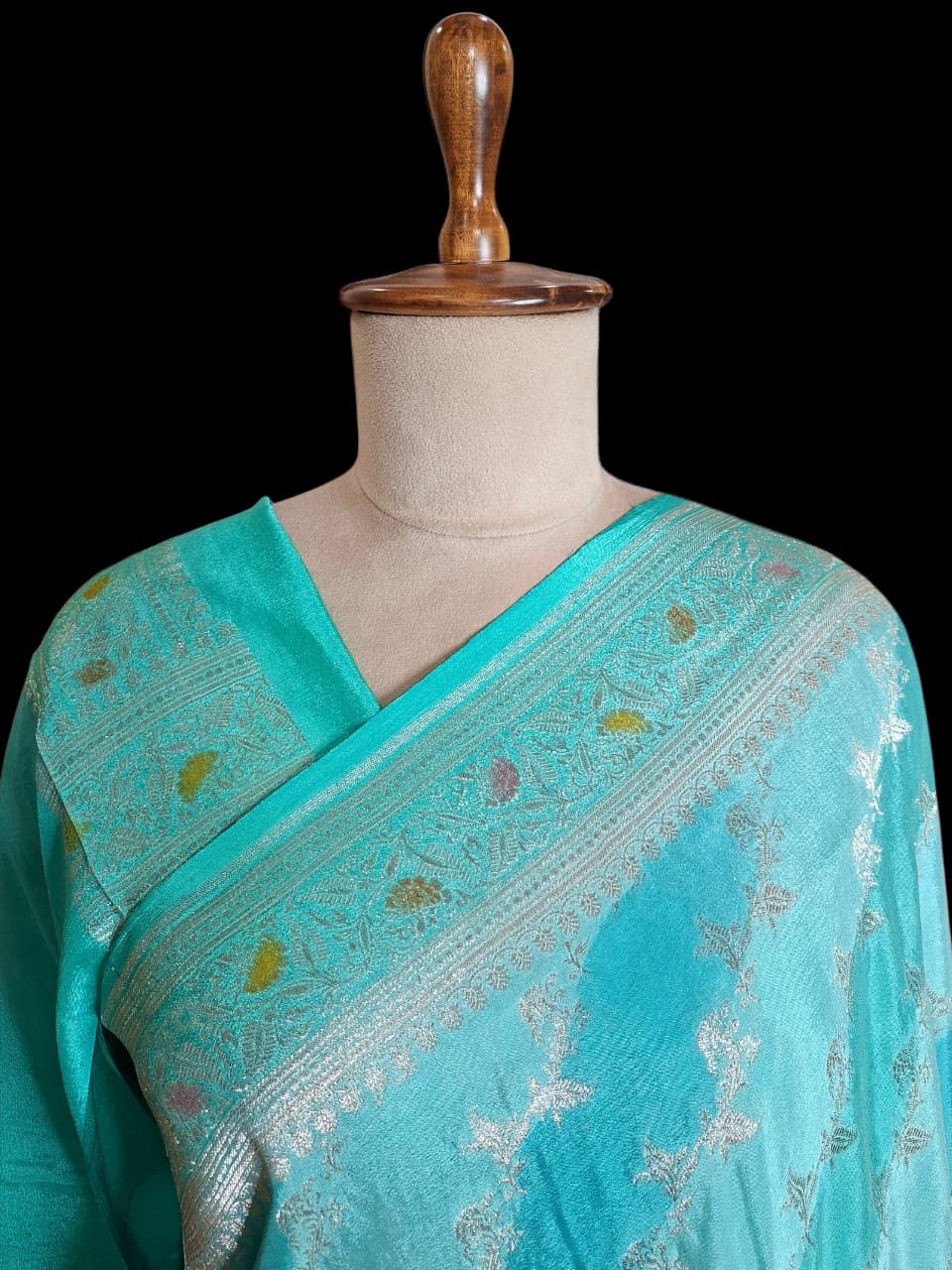 Blue Shaded Banarasi Silk Saree with Silver Floral Vine Zari Weaves
