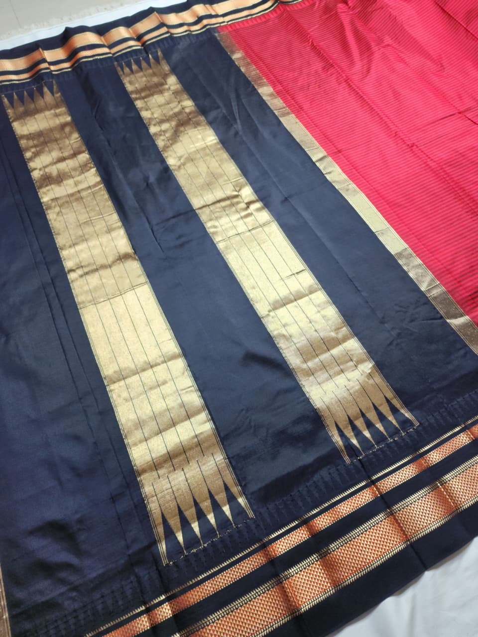 Crimson Red Gadwal Pure Ilkal Silk Saree with Rapid Stripes