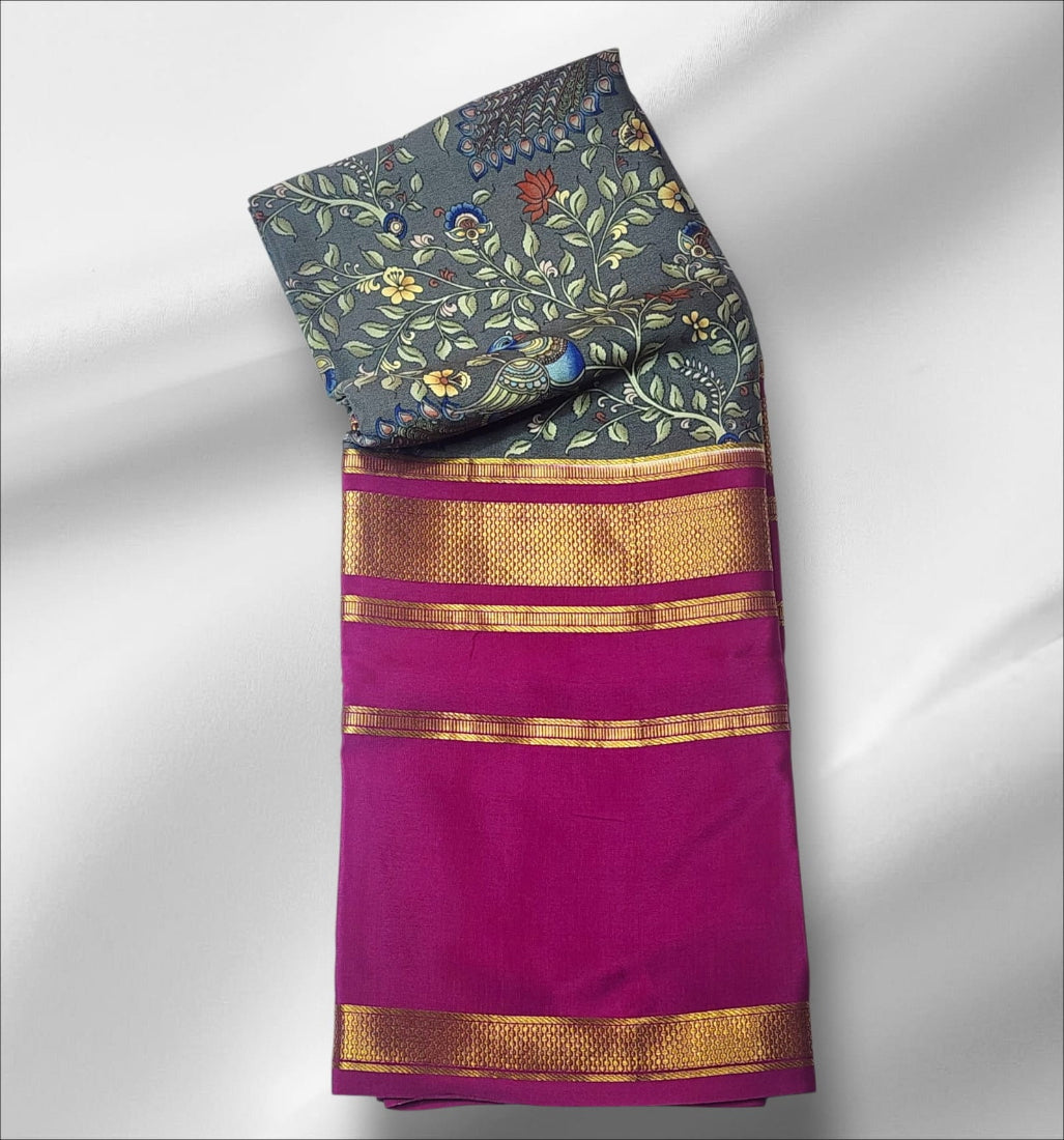 Majestic Peacock Print and Magenta Zari