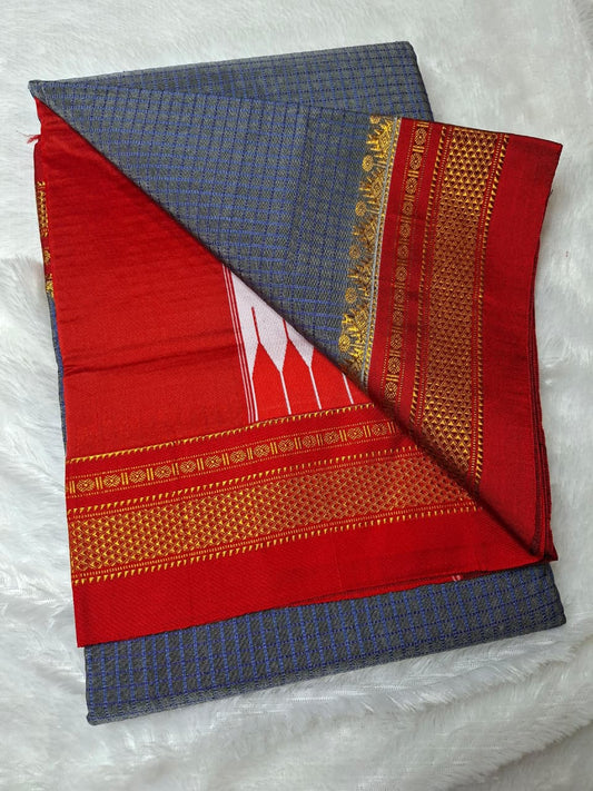 Steel Grey thread chaduranga Ilkal with Gadwal Vermilion Red Border