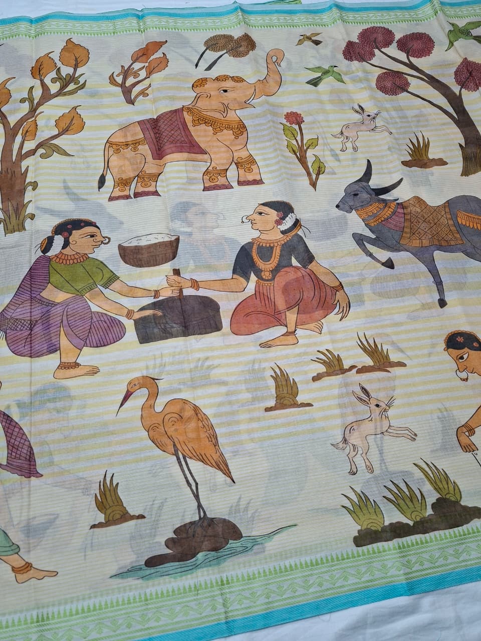 Kalamkari Beige Base-green border Khadi Cotton with Digital Print