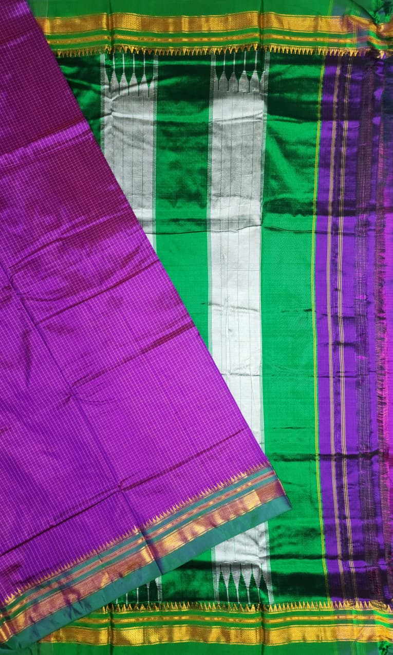Purple Checks Ilkal Saree with Green golden border