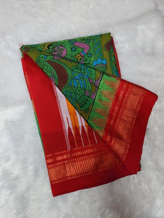green Kalamkari Fusion Saree – Vishnu Artwork Edition