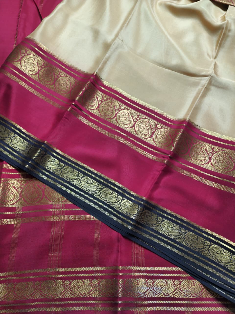 Golden Beige & Maroon Mysore Silk Saree with Zari Borders