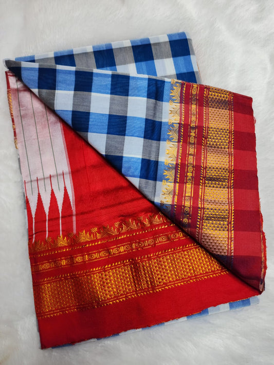 Sky blue, Navy blue, and Soft Grey Ilkal Big Checks Saree with Rich Pallu
