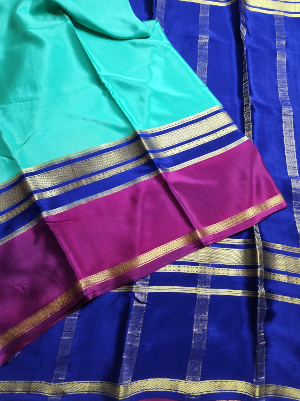 Mysore Silk Saree in Light Green, Navy & Maroon with Elegant Zari Detailing