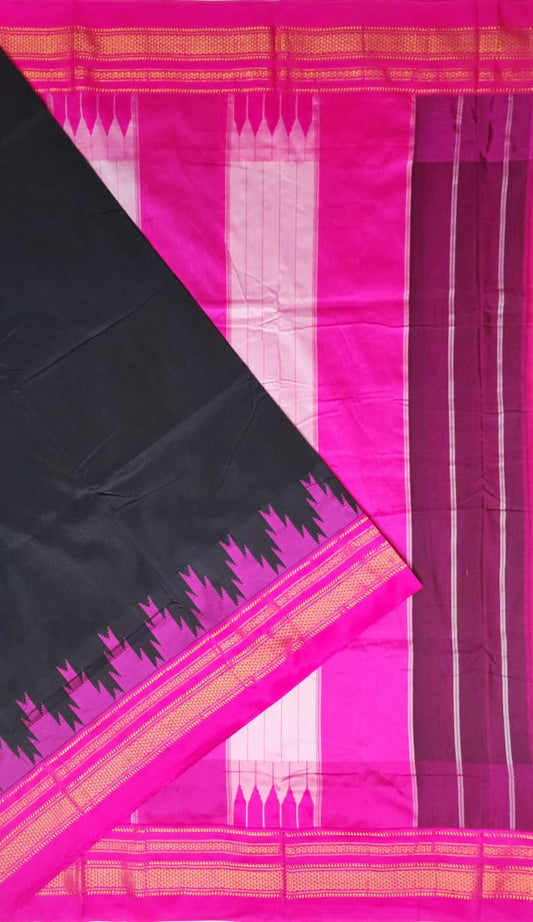 Black & Rani Pink Tana Gadwal Ilkal Cotton Saree